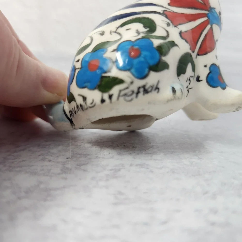 Vtg Turkish 50s Hand Painted Porcelain Cat Kitten Sitting Floral Flowers Signed